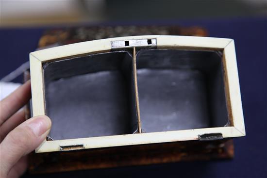 An early Victorian mother of pearl inlaid tortoiseshell tea caddy, 7in.